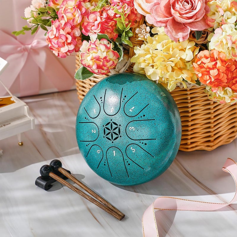 PUJONI Steel Tongue Drum, 6 Inch 8 Notes Percussion Instruments with Music Book, Mallets, Carry Bag, Finger Picks, Gifts for Beginners Musical Education & Adults Relaxation Meditation (Malachite) - Image 5